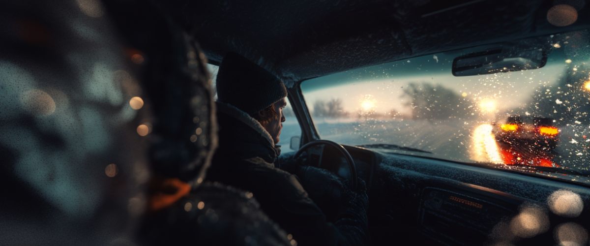 car jerks when shifting. Driver in snowy Michigan winter listening for unusual noises, showing early Signs of Transmission Failure.