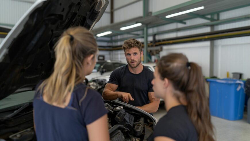 Mechanic discussing car repair options with two customers in a workshop - trusted local automotive repair services.