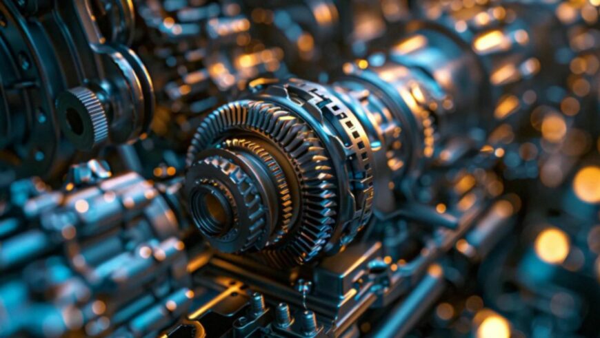 How Does a Transmission work. Close-up view of intricate gears and components inside an automotive transmission system.