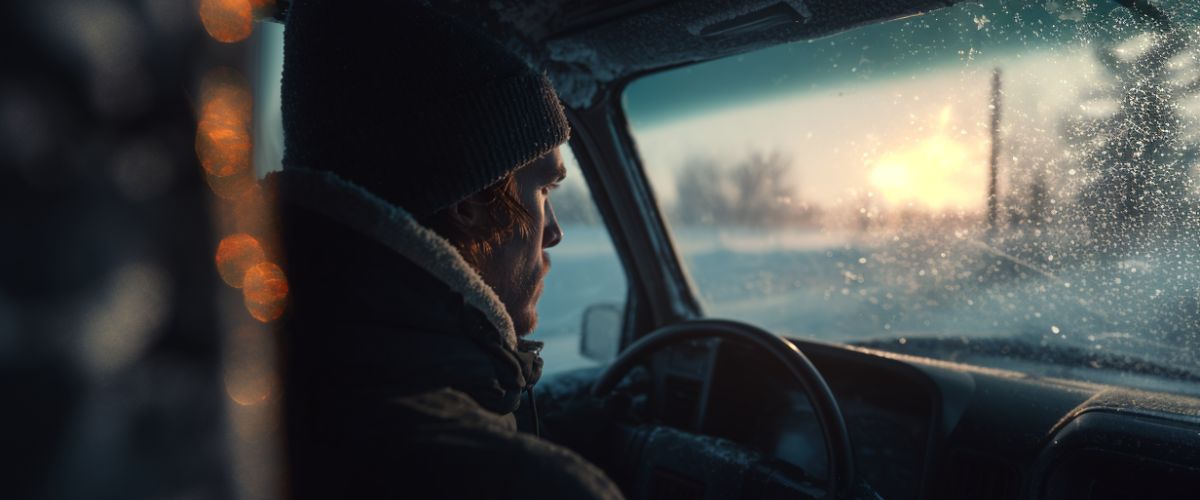 Signs of Transmission Failure.Driver listening intently in a snowy Michigan setting, checking for Signs of Transmission Failure.