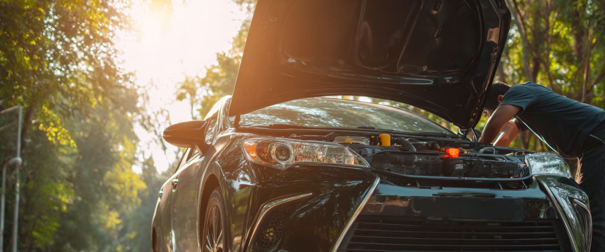 Signs of Transmission Failure. Driver inspecting vehicle under the hood after noticing Signs of Transmission Failure.