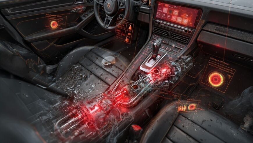 Transmission warning signs inside a modern vehicle showing overheating transmission components and dashboard alerts in Michigan driving conditions