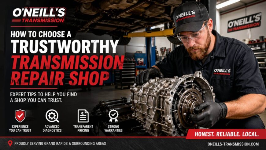 Choose transmission repair shop mechanic inspecting transmission in professional auto shop